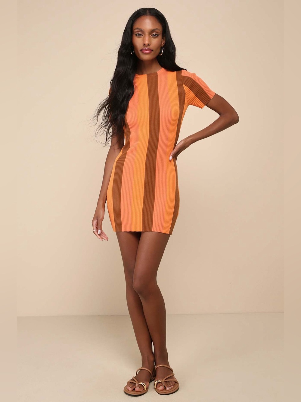 NWT Lulu’s Definitely Cool Orange Striped Ribbed Short Sleeve Mini Dress